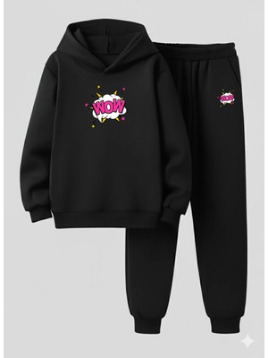 Lorvex Çocuk Kapüşonlu Takım Wow Baloncuk Baskılı 3 Iplik Şardonlu Sweatshirt-Eşofman Takım