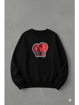 Lorvex Oversize Unisex Pamuklu Bisiklet Yaka Sweatshirt – Boks Eldiveni Baskı