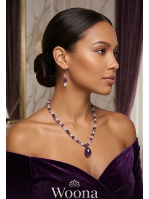 Woona Ametist Taşı & Lavender Ametist Taşı & Ay Taşı 6mm Premium Aa Kalite Doğal Taş El Yapımı Kolye Küpe Set