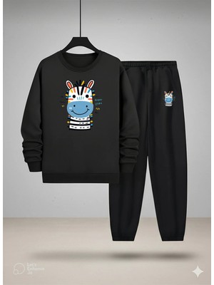 Lorvex Çocuk Bisiklet Yaka Sweatshirt ve Eşofman Takım Renkli Zebra Baskılı 3 Iplik Şardonlu