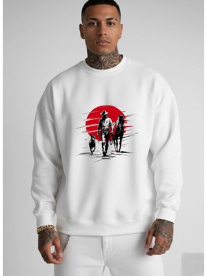 Lorvex Siyah Oversize Sweatshirt Bisiklet Yaka Cowboy Köpek At Baskı