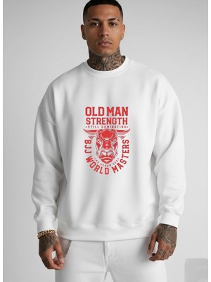 Lorvex Unisex Old Man Strength Baskı Oversize Bisiklet Yaka Beyaz Sweatshirt