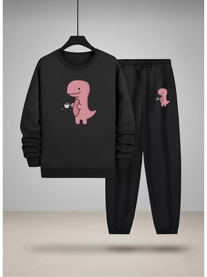 Lorvex Çocuk Bisiklet Yaka Sweatshirt ve Eşofman Takım Tea-Rex Baskılı 3 Iplik Şardonlu