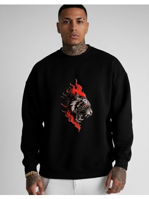 Lorvex Siyah Sweatshirt Oversize Unisex Bisiklet Yaka Alevli Kaplan Baskı