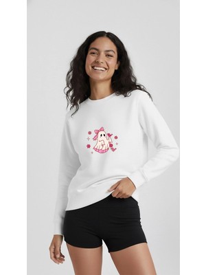 Lorvex Oversize Bisiklet Yaka Beyaz Sweatshirt Pembe Hayalet Baskı