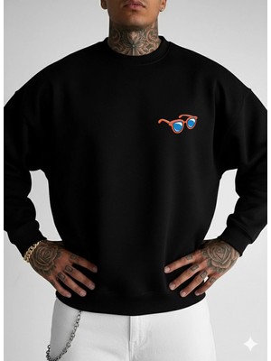 Lorvex Unisex Oversize Bisiklet Yaka Sweatshirt Minimal Gözlük Baskı