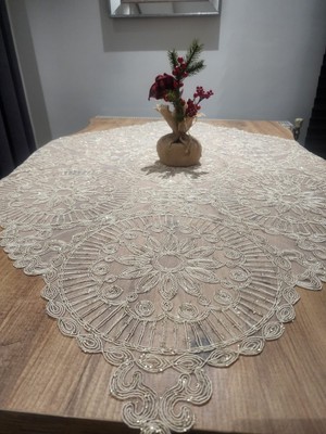 Yalıns Home Karmen Lüx Masa ve Fiskos Örtüsü Simli 95X95 cm Dantel Nakış