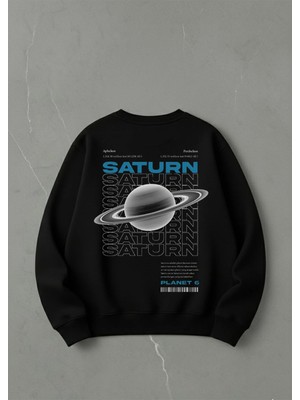 Lorvex Bisiklet Yaka Siyah Sweatshirt Unisex Oversize Saturn Baskılı
