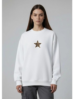 Lorvex Kadın Oversize Bisiklet Yaka Sweatshirt Leopar Yıldız Baskılı