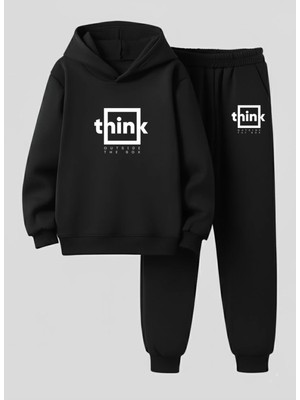 Lorvex Unısex Çocuk Kapüşonlu Sweatshirt-Eşofman Takım Think Baskılı 3 Iplik Şardonlu