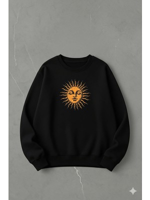 Lorvex Oversize Unisex Pamuklu Bisiklet Yaka Sweatshirt – Ay Yıldız Motif Baskı