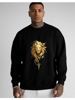 Lorvex Unisex Yeleli Aslan Ön Baskı Oversize Bisiklet Yaka Siyah Sweatshirt