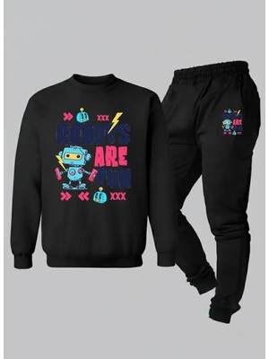 Lorvex Sweatshirt-Eşofman Çocuk Takım Bisiklet Yaka Robots Baskılı 3 Iplik Şardonlu