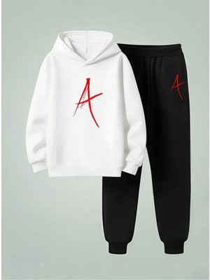 Lorvex Çocuk Kapüşonlu Sweatshirt-Eşofman Takım Kırmızı A Baskılı 3 Iplik Şardonlu