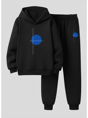 Lorvex Çocuk Kapüşonlu Sweatshirt-Eşofman Takım Yuvarlak ve Çizgi Baskılı 3 Iplik Şardonlu