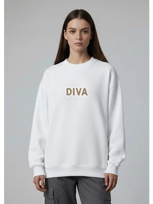 Lorvex Kadın Oversize Bisiklet Yaka Sweatshirt Leopar Dıva Baskılı