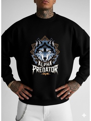 Lorvex Siyah Sweatshirt Unisex Oversize Bisiklet Yaka Alpha Predator Baskı