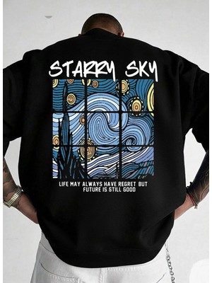 Lorvex Unisex Oversize Bisiklet Yaka Siyah Sweatshirt Starry Sky Baskılı