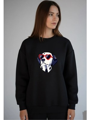 Lorvex Oversize Siyah Bisiklet Yaka Sweatshirt Kırmızı Gözlüklü Köpek Baskı