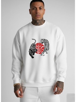 Lorvex Sweatshirt Oversize Unisex Bisiklet Yaka Siyah Beyaz Kaplanlar Baskı