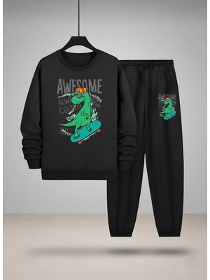 Lorvex Erkek Çocuk Sweatshirt-Eşofman Takım Bisiklet Yaka Kaykay Dinazor Baskılı 3 Iplik Şardonlu