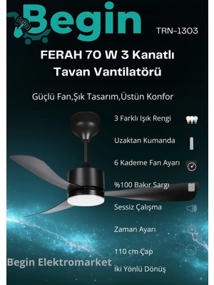 Begin Ferah 70W 3 Kanatlı LED Işıklı Tavan Vantilatör Uzaktan Kumandalı Siyah