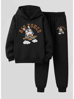 Lorvex Çocuk Kapüşonlu Takım Aır Force Baskılı 3 Iplik Şardonlu Sweatshirt-Eşofman Takım