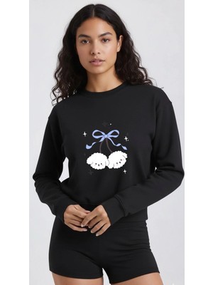 Lorvex Oversize Bisiklet Yaka Siyah Sweatshirt Mavi Kurdele ve Köpek Baskı