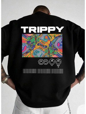 Lorvex Sweatshirt Oversize Erkek Siyah Bisiklet Yaka Trıppy Baskılı