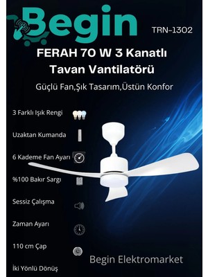 Begin Ferah 70W 3 Kanatlı LED Işıklı Tavan Vantilatör Uzaktan Kumandalı Beyaz