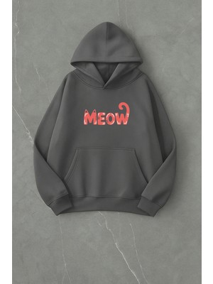 Lorvex Oversize Meow Ön Baskı Unisex Kapüşonlu Sweatshirt