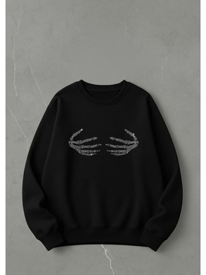 Lorvex Oversize Kadın Siyah Bisiklet Yaka Sweatshirt Elmas El Baskılı