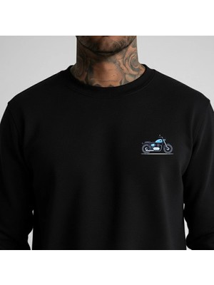 Lorvex Oversize Unisex Bisiklet Yaka Sweatshirt Minimal Mavi Motor Baskı