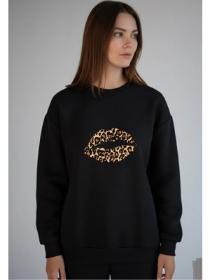 Lorvex Oversize Sweatshirt Bisiklet Yaka Leopar Dudak Baskı