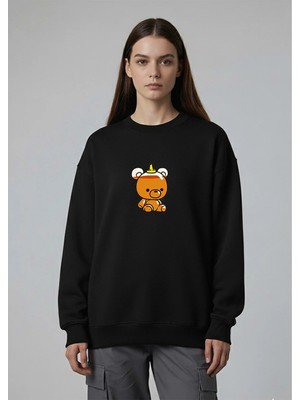 Lorvex Oversize Kadın Bisiklet Yaka Sweatshirt Bal Dolu Ayıcık Baskılı