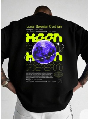 Lorvex Moon Yellow Baskılı Sweatshirt Unisex Oversize Siyah Bisiklet Yaka