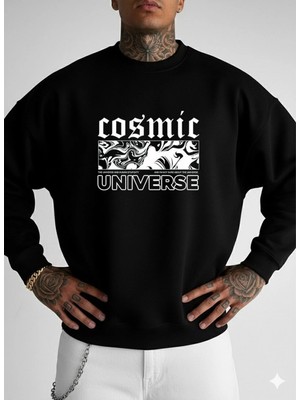 Lorvex Sweatshirt Siyah Oversize Erkek Bisiklet Yaka Cosmic Baskılı