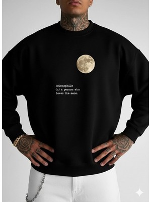 Lorvex Unisex Oversize Bisiklet Yaka Sweatshirt Moon Words Baskı