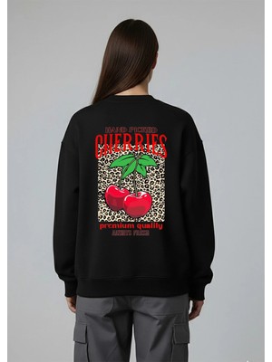 Lorvex Kadın Oversize Bisiklet Yaka Sweatshirt Pıcked Cherrıes Baskılı