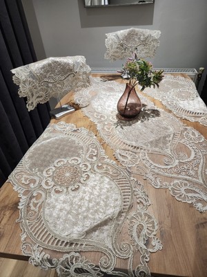 Yalıns Home Albina Salon Takımı Lüx Kadifeli 5 Li Set Bej (Sütlü Kahve ) RUNNER:140X40CM ŞÖMEN:90X40 cm PEÇETE:37X37CM