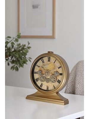 Premium Serisi Modern Kadranlı Döner Çarklı 32X28 cm Ev ve Ofis Masa ve Duvar Saati Roma Rakamlı Harita Baskılı Gold