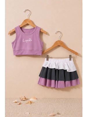 Zuzunga Sportif Renkli Şort Etekli Lila Crop Alt Üst Takım