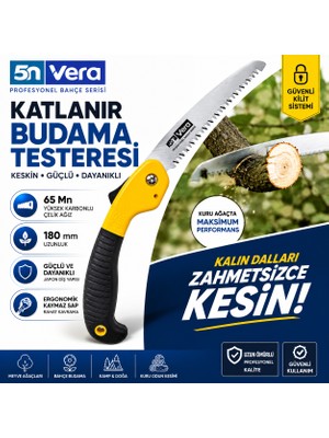 5n Vera Katlanır Budama Testeresi 180 mm | Japon Diş Yapılı Bahçe El Testeresi | Ağaç, Dal, Odun ve Kamp Için Profesyonel Katlanabilir Testere