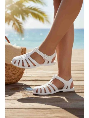 Moda Fiesta Beyaz Kadın Jelly Sandalet Plaj Deniz Havuz Günlük Kullanım Suya Dayanıklı Yazlık Terlik