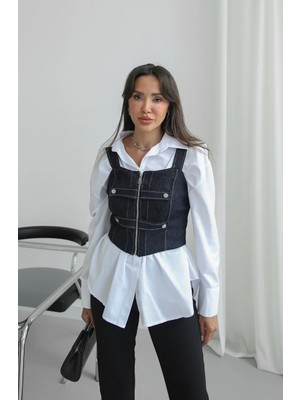 Havoş Lacivert Fermuar ve Çıtçıt Detaylı Denim Bluz