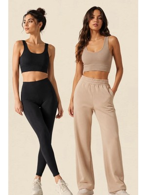 Fevien Kadın 2'li Paket Kalın Askılı Toparlayıcı Pedli Fitilli Dalgıç Kaşkorse Spor Sütyeni Bralet Esnek Rahat Günlük Yoga Fitness Pilates Destekli Dikişsiz Görünüm Crop Top Askılı Spor Üst