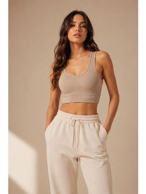 Fevien Kadın Kalın Askılı Toparlayıcı Pedli Fitilli Dalgıç Kaşkorse Spor Sütyeni Bralet Esnek Rahat Günlük Yoga Fitness Pilates Destekli Dikişsiz Görünüm Crop Top Örme Askılı Üst