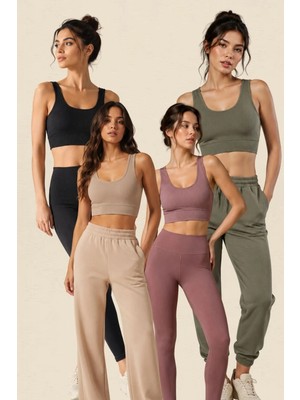 Fevien Kadın 4'lü Paket Kalın Askılı Toparlayıcı Pedli Fitilli Dalgıç Kaşkorse Spor Sütyeni Bralet Esnek Rahat Günlük Yoga Fitness Pilates Destekli Dikişsiz Görünüm Crop Top Askılı Spor Üst