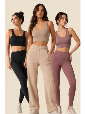 Fevien Kadın 3'lü Paket Kalın Askılı Toparlayıcı Pedli Fitilli Dalgıç Kaşkorse Spor Sütyeni Bralet Esnek Rahat Günlük Yoga Fitness Pilates Destekli Dikişsiz Görünüm Crop Top Askılı Spor Üst