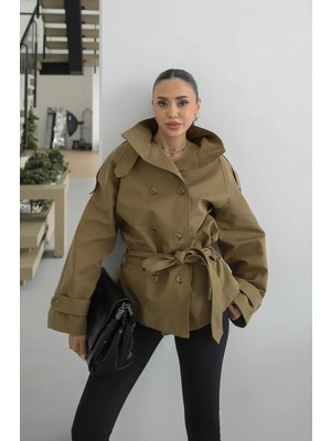 Havoş Haki Reglan Kollu Dik Yaka Kuşaklı Trençkot